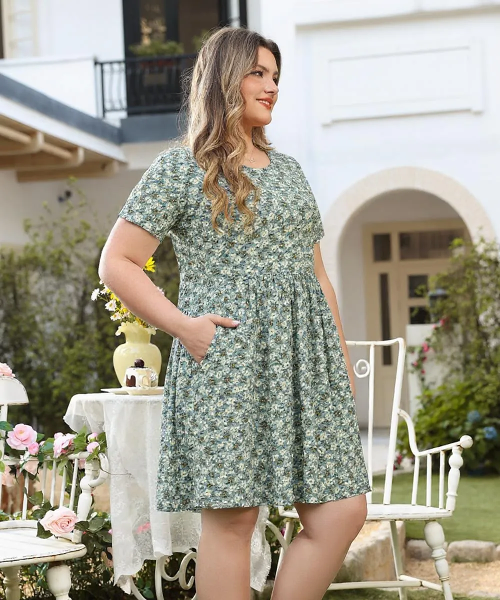 CARCOS Womens Plus Size Dresses Summer Short Sleeve Babydoll Dress Beach Casual Loose Mini Sundresses with Pocket XL-5XL