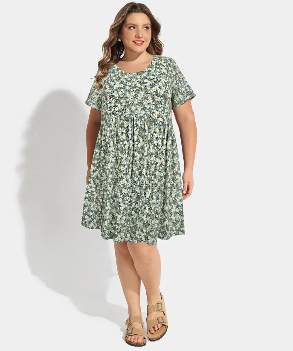 CARCOS Womens Plus Size Dresses Summer Short Sleeve Babydoll Dress Beach Casual Loose Mini Sundresses with Pocket XL-5XL