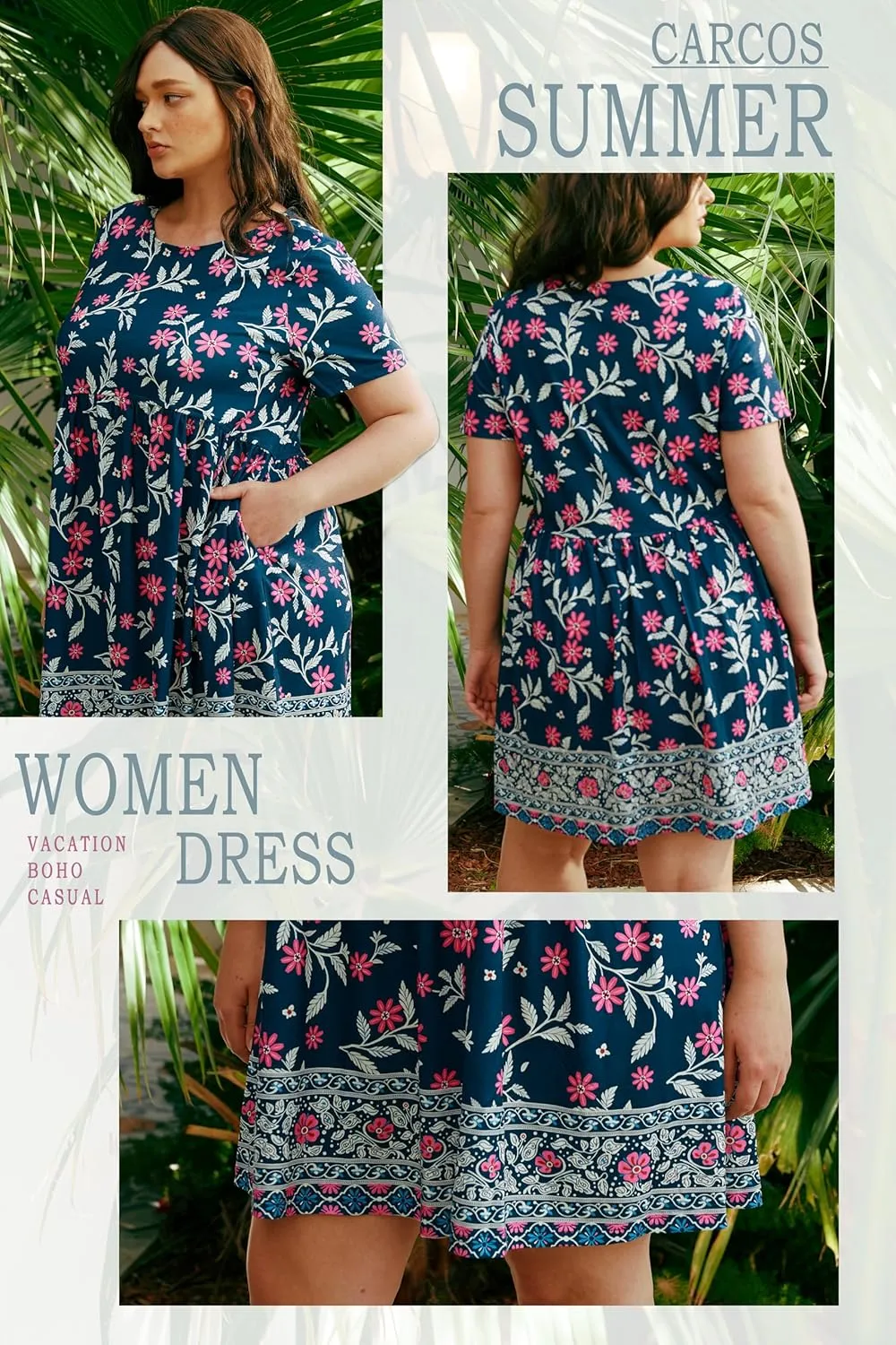 CARCOS Womens Plus Size Dresses Summer Short Sleeve Babydoll Dress Beach Casual Loose Mini Sundresses with Pocket XL-5XL