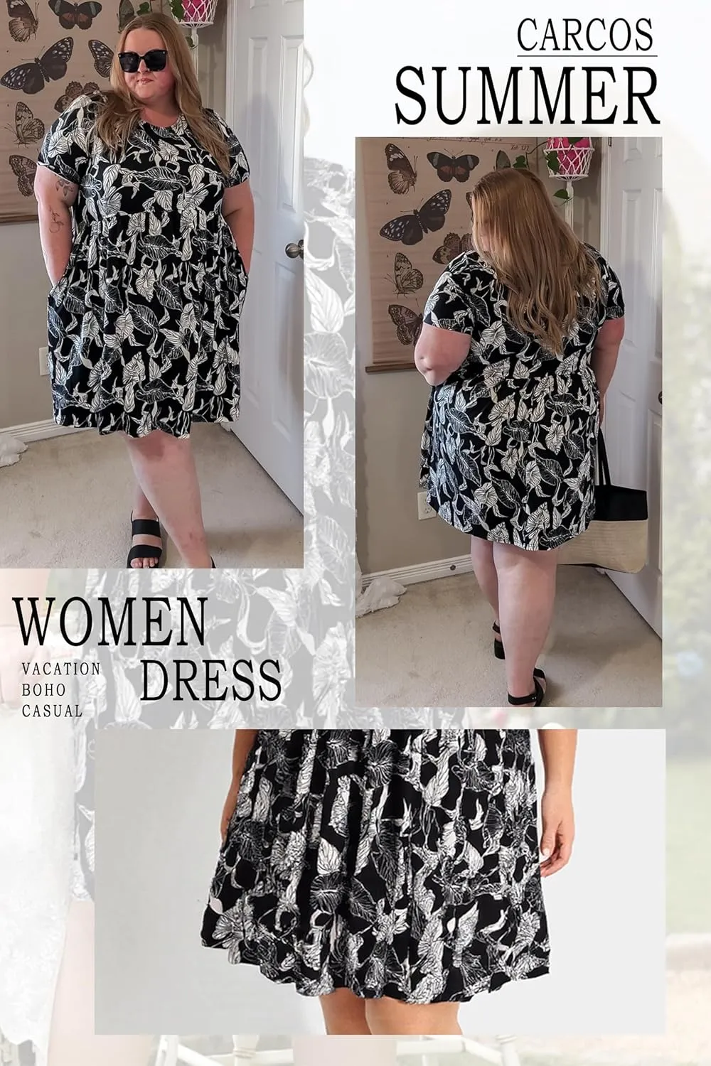 CARCOS Womens Plus Size Dresses Summer Short Sleeve Babydoll Dress Beach Casual Loose Mini Sundresses with Pocket XL-5XL