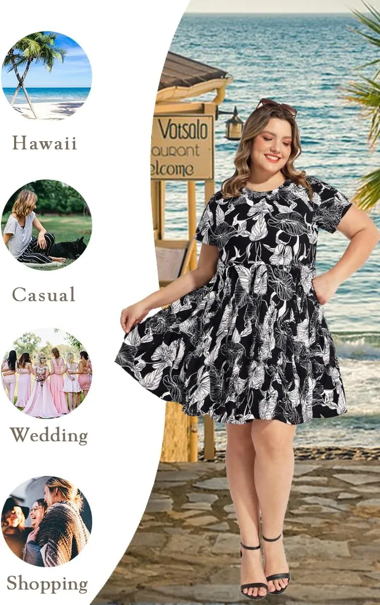 CARCOS Womens Plus Size Dresses Summer Short Sleeve Babydoll Dress Beach Casual Loose Mini Sundresses with Pocket XL-5XL