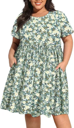 CARCOS Womens Plus Size Dresses Summer Short Sleeve Babydoll Dress Beach Casual Loose Mini Sundresses with Pocket XL-5XL