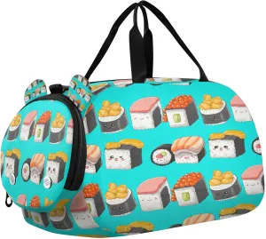 Cartoon Sushi Youth Sports & Travel Duffle Bag with Shoe Compartment,Waterproof Gym Bag for Girls and Boys (Overnight Essentials Organizer)