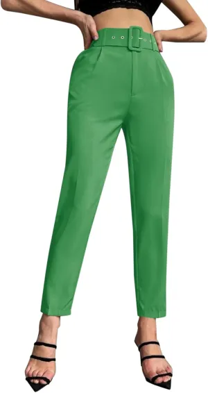 Casual Belted Dress Pants for Women Slim Fit Office Work Pencil Pants High Waisted Straight Leg Pull-On Trousers with Pockets