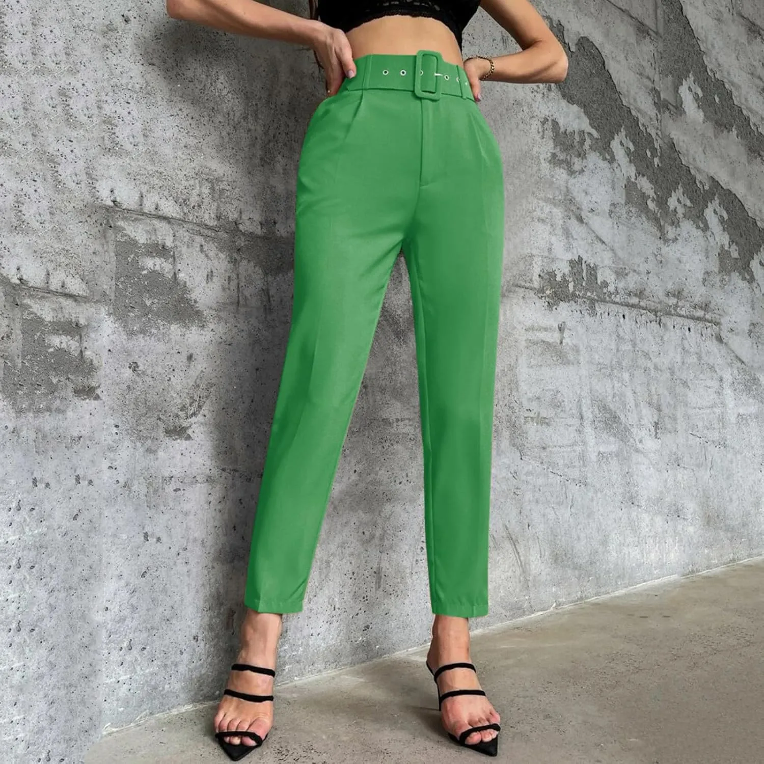 Casual Belted Dress Pants for Women Slim Fit Office Work Pencil Pants High Waisted Straight Leg Pull-On Trousers with Pockets