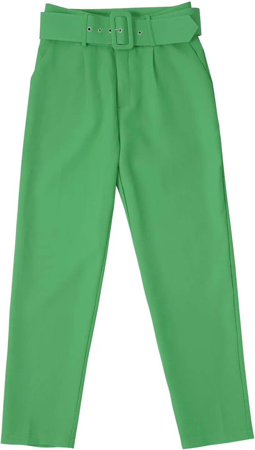 Casual Belted Dress Pants for Women Slim Fit Office Work Pencil Pants High Waisted Straight Leg Pull-On Trousers with Pockets