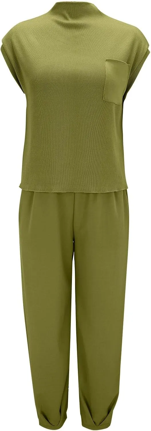 Casual Sleeveless Sweater Sets for Women 2 Piece Solid Outfits Ribbed Knit Cap Sleeve Vest Top and Jogger Pants Matching Sets