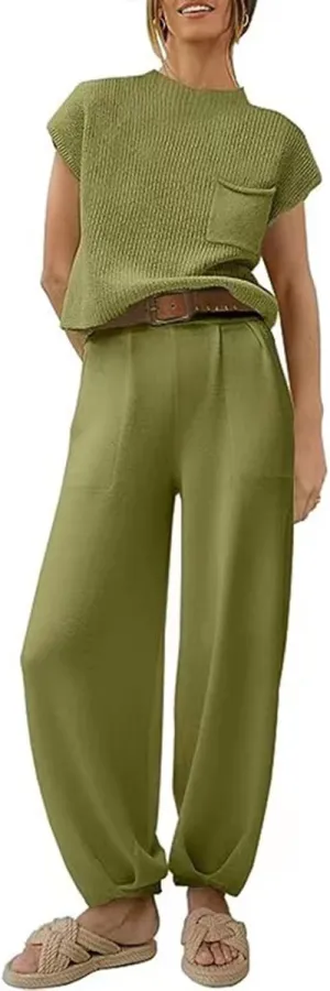 Casual Sleeveless Sweater Sets for Women 2 Piece Solid Outfits Ribbed Knit Cap Sleeve Vest Top and Jogger Pants Matching Sets