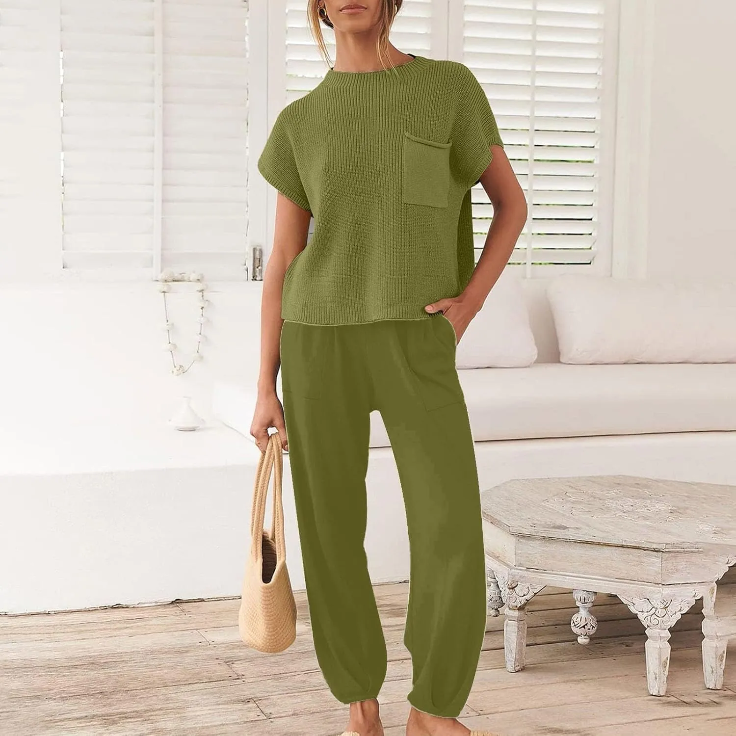 Casual Sleeveless Sweater Sets for Women 2 Piece Solid Outfits Ribbed Knit Cap Sleeve Vest Top and Jogger Pants Matching Sets
