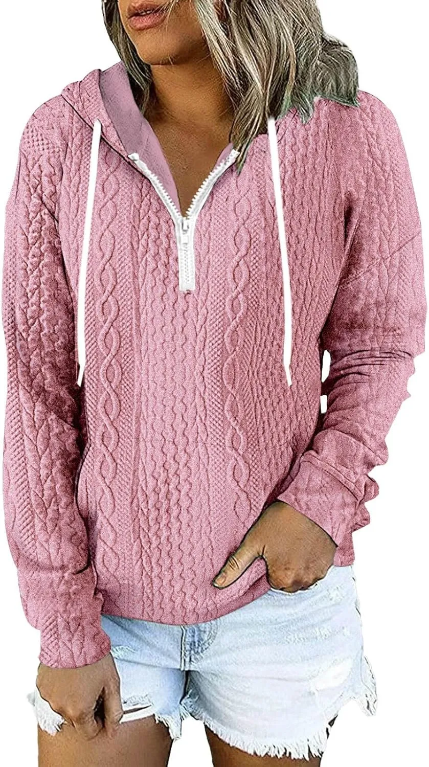 Casual Waffle 1/4 Zip Hoodies for Women Twist Ribbed Drawstring V Neck Long Sleeve Pullover Loose Fit Sweatshirts Tops S-5XL