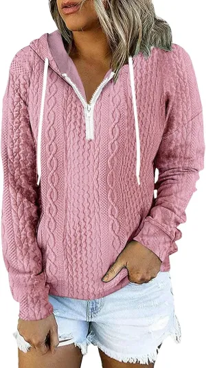 Casual Waffle 1/4 Zip Hoodies for Women Twist Ribbed Drawstring V Neck Long Sleeve Pullover Loose Fit Sweatshirts Tops S-5XL