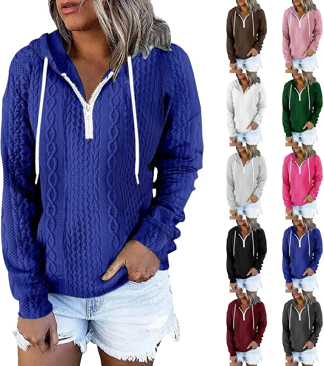 Casual Waffle 1/4 Zip Hoodies for Women Twist Ribbed Drawstring V Neck Long Sleeve Pullover Loose Fit Sweatshirts Tops S-5XL