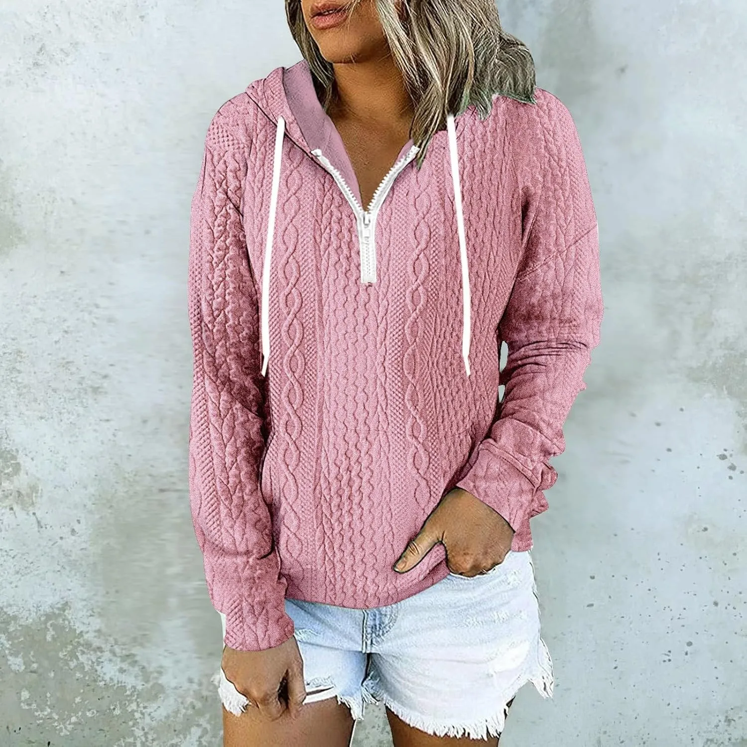 Casual Waffle 1/4 Zip Hoodies for Women Twist Ribbed Drawstring V Neck Long Sleeve Pullover Loose Fit Sweatshirts Tops S-5XL
