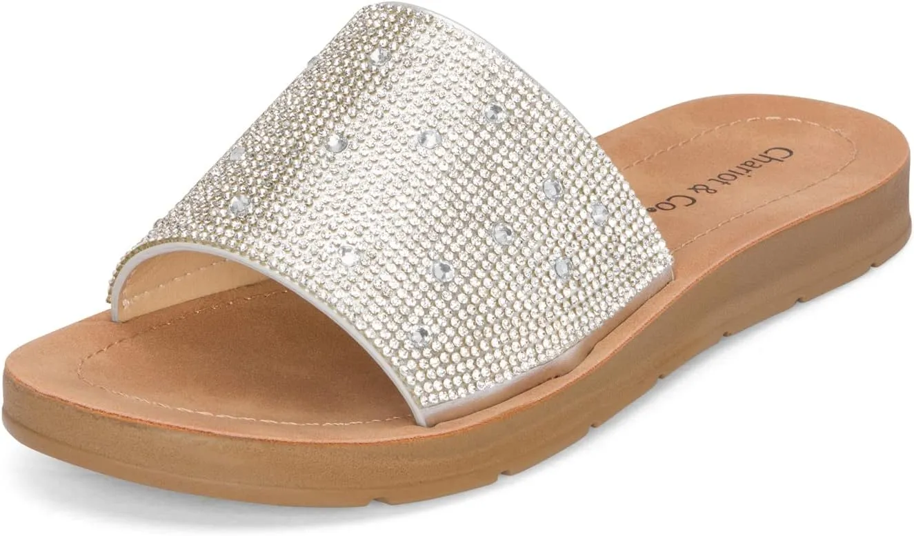 Chariot & Co Bling Sandals for Women Rhinestones Platform Studded Slides Space