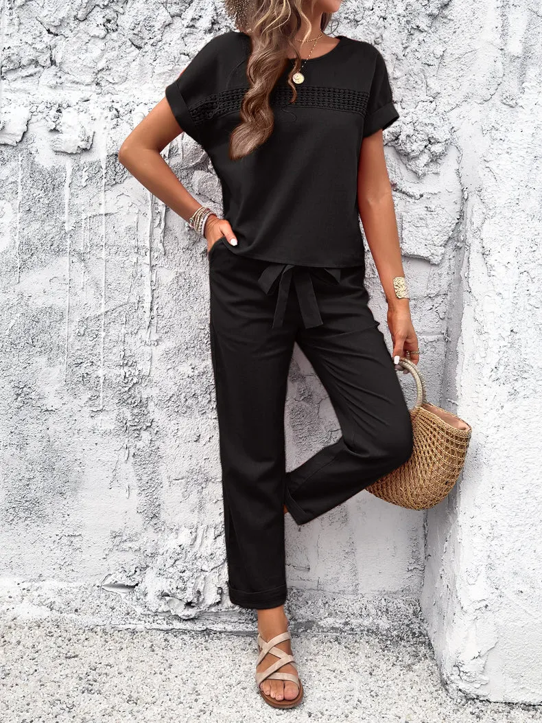 Chic 2-Piece Summer Set for Women – Crochet Trim Top & Drawstring Pants