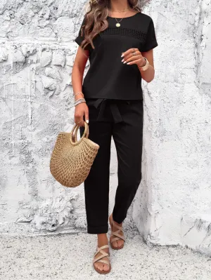 Chic 2-Piece Summer Set for Women – Crochet Trim Top & Drawstring Pants