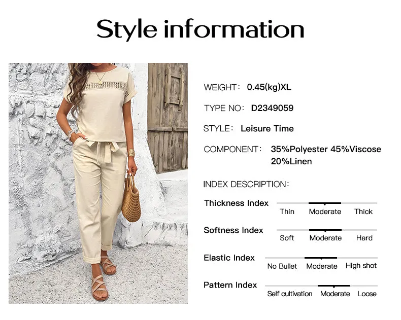 Chic 2-Piece Summer Set for Women – Crochet Trim Top & Drawstring Pants