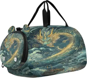 Chinese Dragon Youth Sports & Travel Duffle Bag with Shoe Compartment,Waterproof Gym Bag for Girls and Boys (Overnight Essentials Organizer)