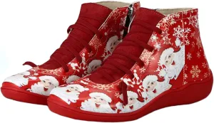 Christmas Santa Claus Shoes Round Toe Lace- Up Side Zipper Xmas Printed Short Boots Santa Costume Accessory for Women Men, Red, 9