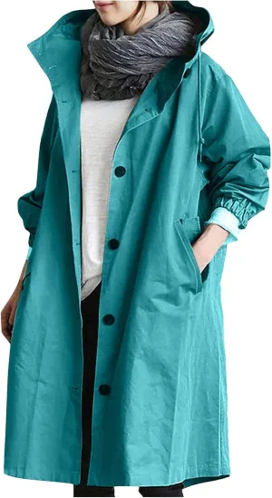 COTECRAM Women's Trench Jackets Plus Size Casual Long Rain Jacket Fashion Winter Hooded Oversized Windbreaker Coats Outerwear