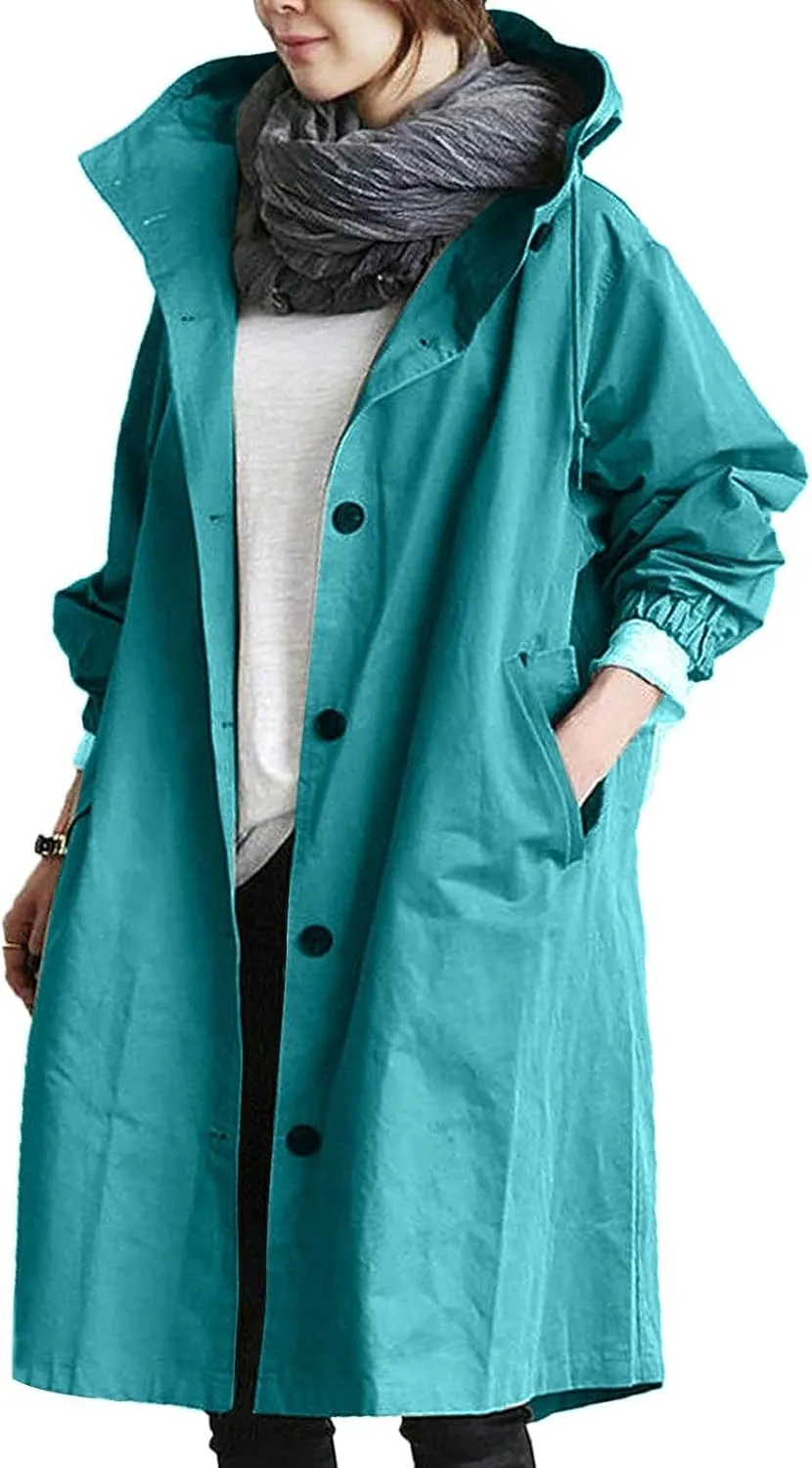 COTECRAM Women's Trench Jackets Plus Size Casual Long Rain Jacket Fashion Winter Hooded Oversized Windbreaker Coats Outerwear