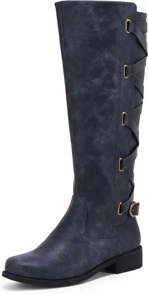 Coutgo Womens Lace Up Knee High Boots Motorcycle Riding Flat Low Heels Strappy Winter Combat Boots