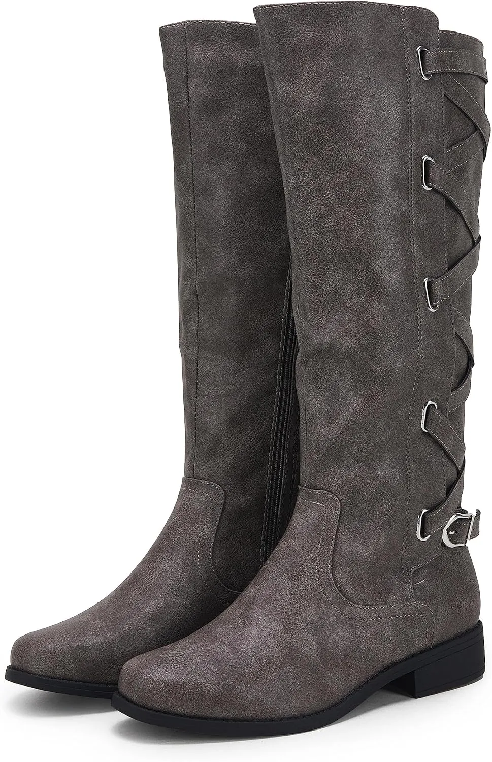 Coutgo Womens Lace Up Knee High Boots Motorcycle Riding Flat Low Heels Strappy Winter Combat Boots