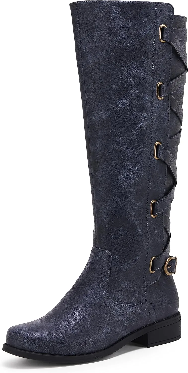 Coutgo Womens Lace Up Knee High Boots Motorcycle Riding Flat Low Heels Strappy Winter Combat Boots