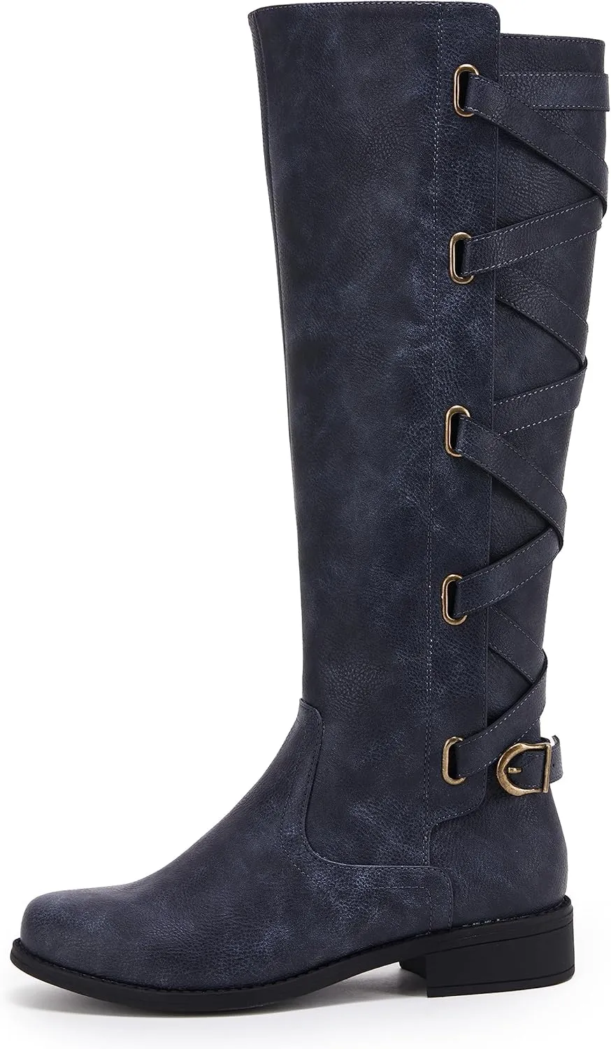 Coutgo Womens Lace Up Knee High Boots Motorcycle Riding Flat Low Heels Strappy Winter Combat Boots