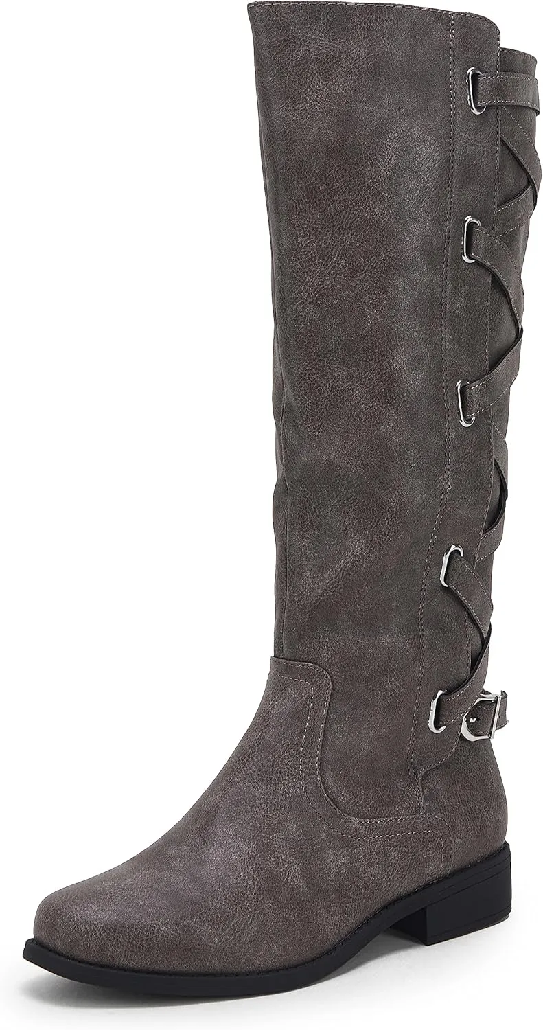 Coutgo Womens Lace Up Knee High Boots Motorcycle Riding Flat Low Heels Strappy Winter Combat Boots