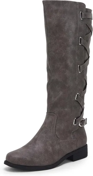 Coutgo Womens Lace Up Knee High Boots Motorcycle Riding Flat Low Heels Strappy Winter Combat Boots