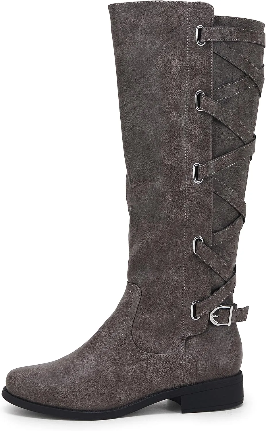Coutgo Womens Lace Up Knee High Boots Motorcycle Riding Flat Low Heels Strappy Winter Combat Boots