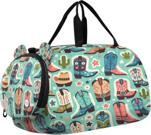 Cowboy Boot Youth Sports & Travel Duffle Bag with Shoe Compartment,Waterproof Gym Bag for Girls and Boys (Overnight Essentials Organizer)