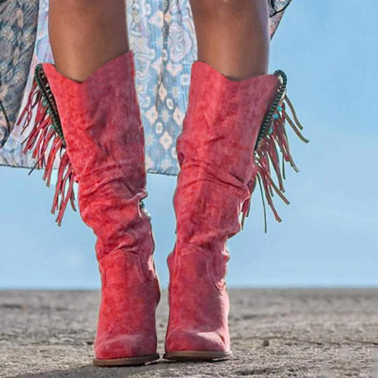 Cowboy Boots for Women Mid Calf Fringe Cowgirl Boots Fringe Western Low Heel Boots Wide Calf Riding Cowboy Boots