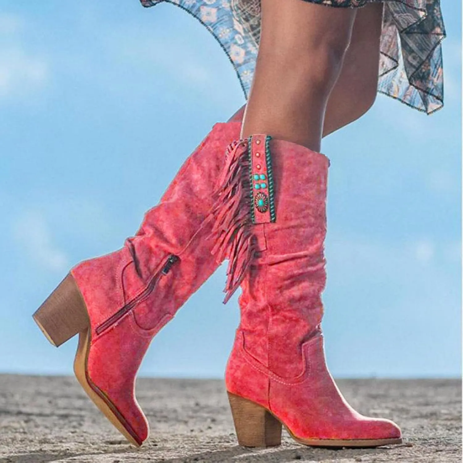 Cowboy Boots for Women Mid Calf Fringe Cowgirl Boots Fringe Western Low Heel Boots Wide Calf Riding Cowboy Boots