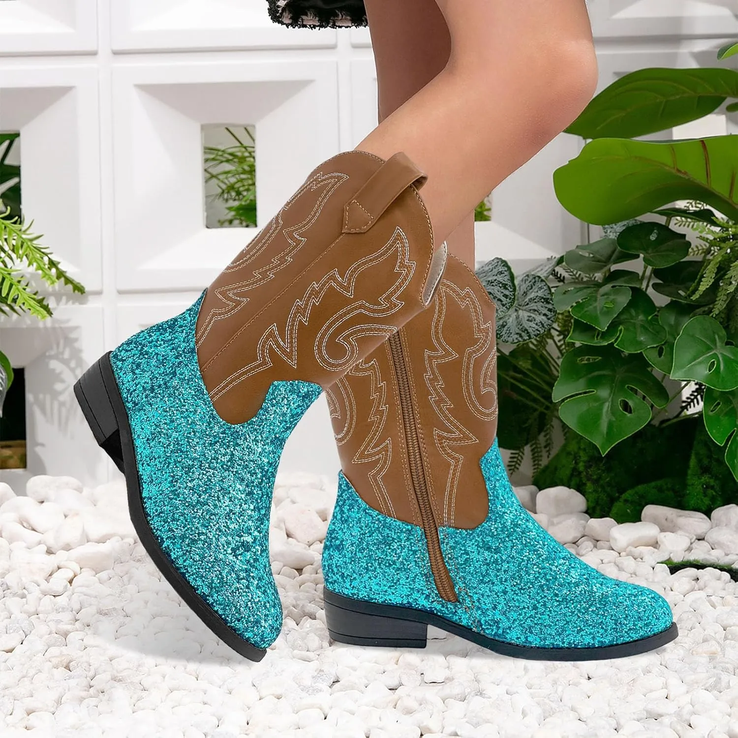 Cowgirl Boots for Kids Girls Boys Western Glitter Cowboy Boots Mid Calf Boots Little Big Kids Horse Riding Shoes Party Birthday Dress Up