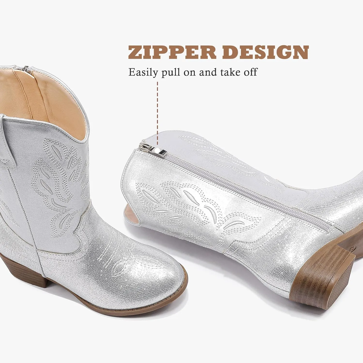 Cowgirl Boots for Little Girls Mid Calf Pointed Toe Kid Cowboy Boots Side Zipper Classic Embroidered Western Boots Horse Riding Shoes Party for Toddler Little Big Kids
