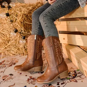 Cowgirl Boots for Little Girls Mid Calf Pointed Toe Kid Cowboy Boots Side Zipper Classic Embroidered Western Boots Horse Riding Shoes Party for Toddler Little Big Kids
