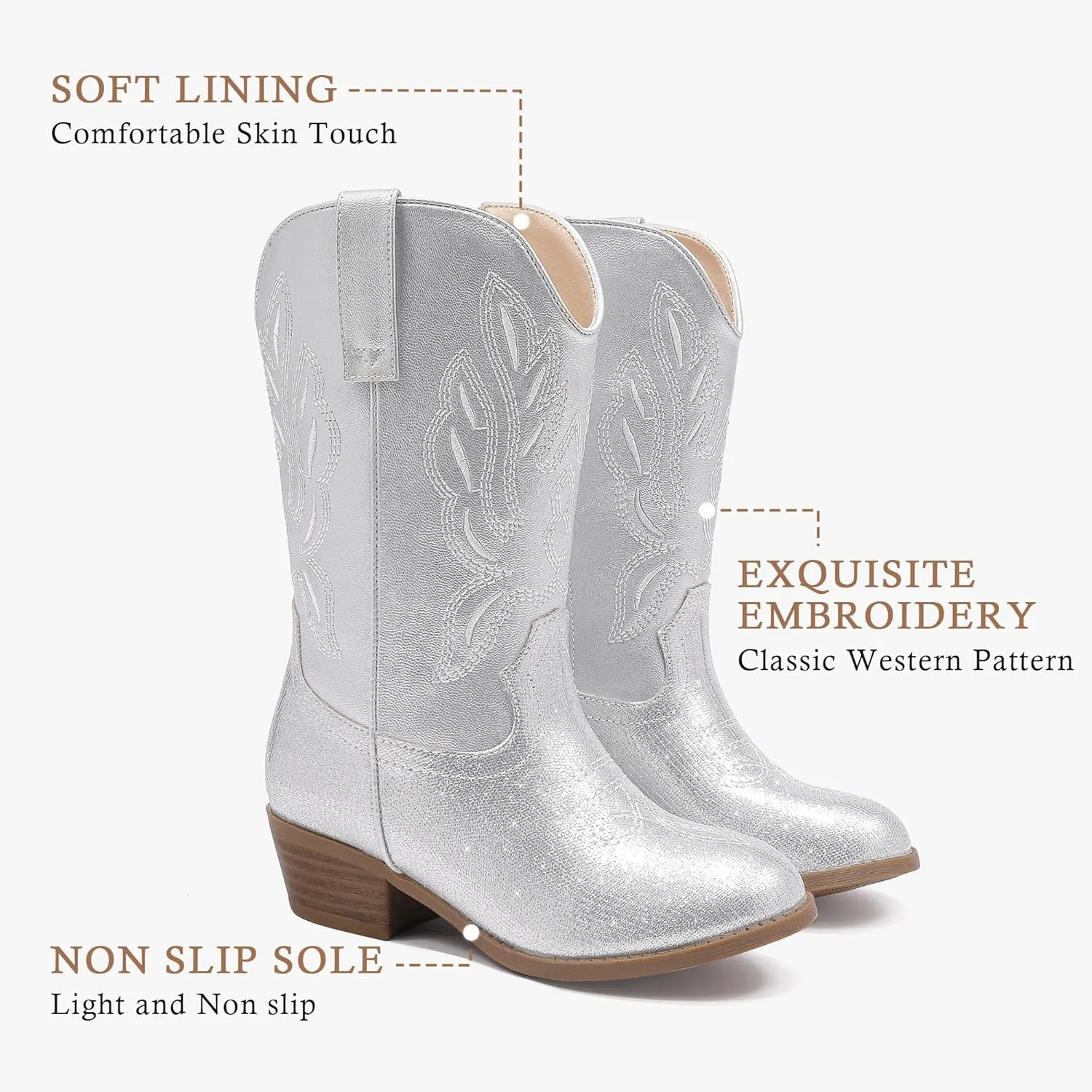 Cowgirl Boots for Little Girls Mid Calf Pointed Toe Kid Cowboy Boots Side Zipper Classic Embroidered Western Boots Horse Riding Shoes Party for Toddler Little Big Kids