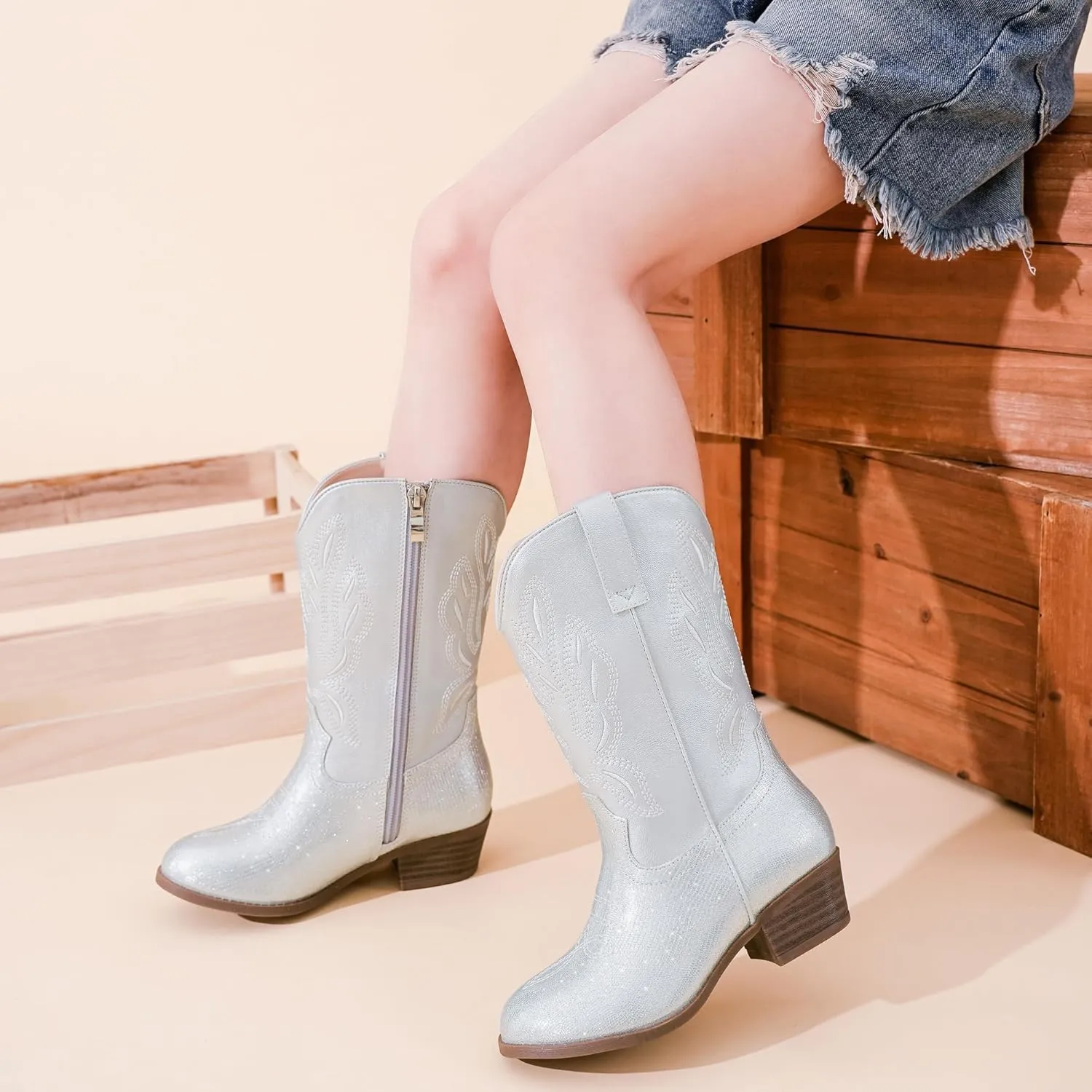 Cowgirl Boots for Little Girls Mid Calf Pointed Toe Kid Cowboy Boots Side Zipper Classic Embroidered Western Boots Horse Riding Shoes Party for Toddler Little Big Kids