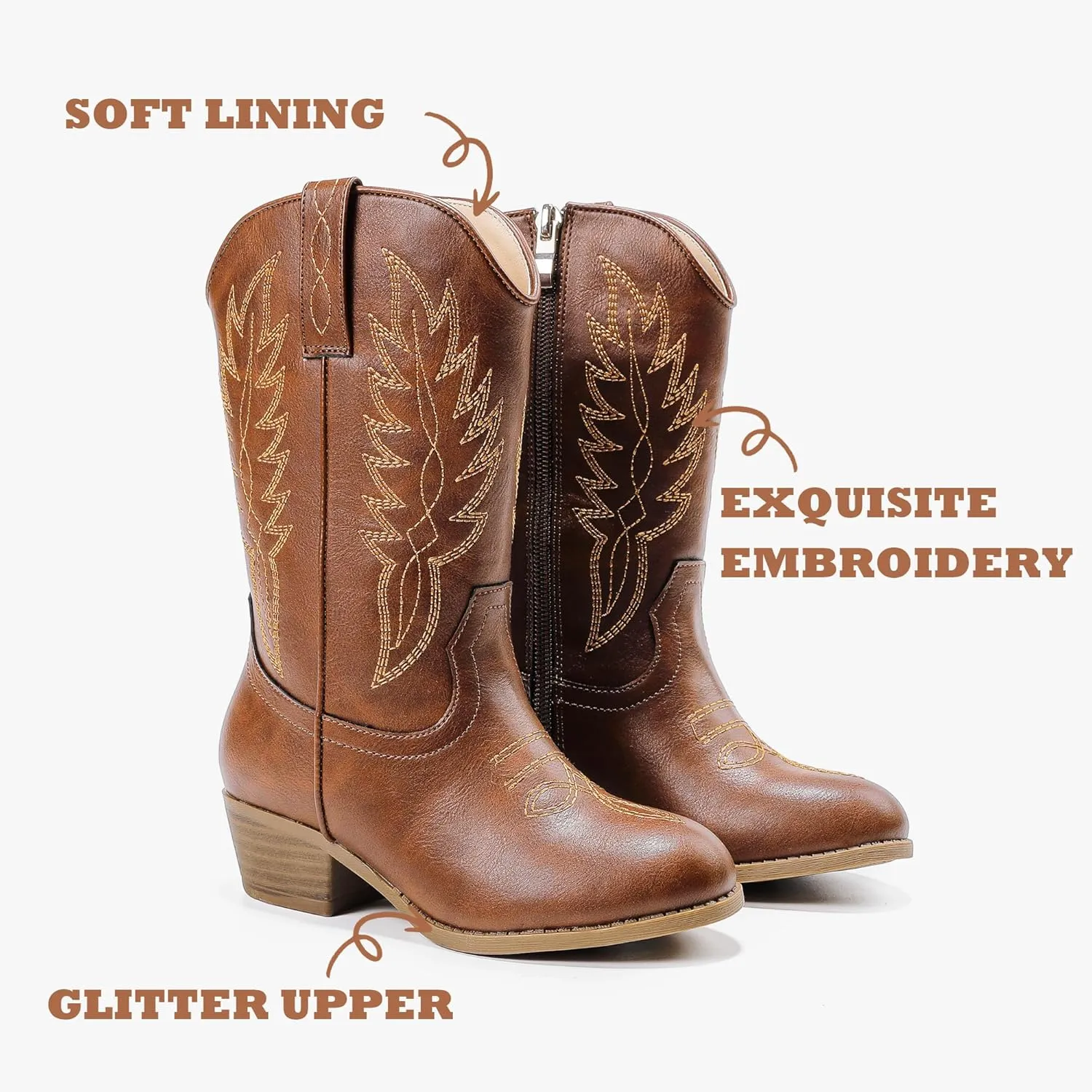 Cowgirl Boots for Little Girls Mid Calf Pointed Toe Kid Cowboy Boots Side Zipper Classic Embroidered Western Boots Horse Riding Shoes Party for Toddler Little Big Kids