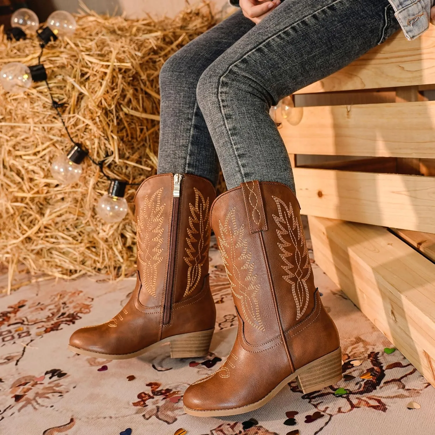 Cowgirl Boots for Little Girls Mid Calf Pointed Toe Kid Cowboy Boots Side Zipper Classic Embroidered Western Boots Horse Riding Shoes Party for Toddler Little Big Kids