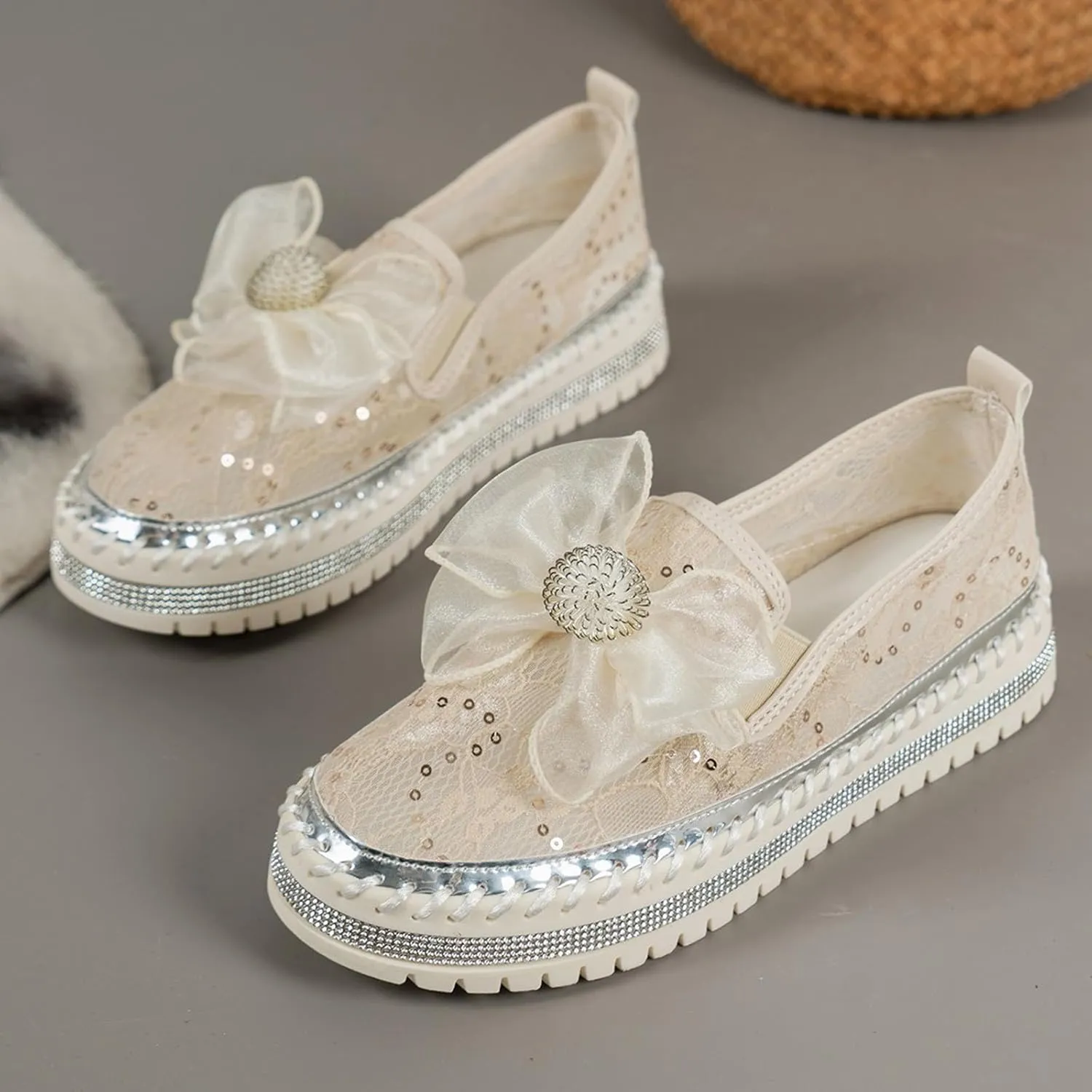 Crzidha Dressy Rhinestones Loafers for Women,Women's Glitter Bow Mesh Sheer Lace Sequins Platform Slip On Fashion Sneakers Breathable Non-Slip Stitching Flat Dress Shoes Low Top Casual Walking Shoes