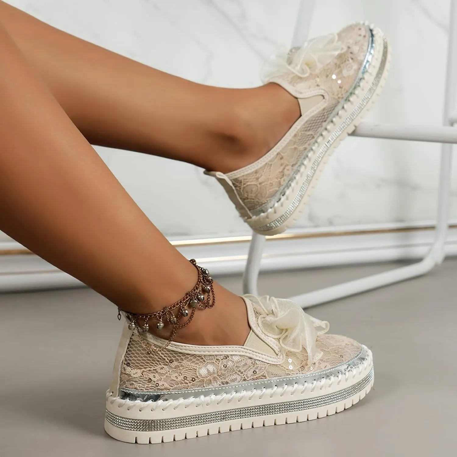 Crzidha Dressy Rhinestones Loafers for Women,Women's Glitter Bow Mesh Sheer Lace Sequins Platform Slip On Fashion Sneakers Breathable Non-Slip Stitching Flat Dress Shoes Low Top Casual Walking Shoes