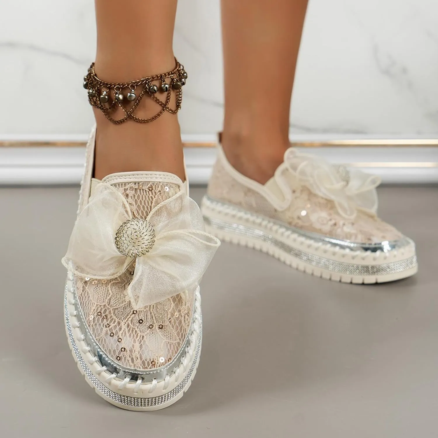Crzidha Dressy Rhinestones Loafers for Women,Women's Glitter Bow Mesh Sheer Lace Sequins Platform Slip On Fashion Sneakers Breathable Non-Slip Stitching Flat Dress Shoes Low Top Casual Walking Shoes