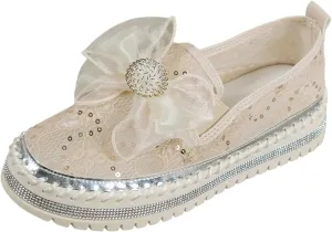 Crzidha Dressy Rhinestones Loafers for Women,Women's Glitter Bow Mesh Sheer Lace Sequins Platform Slip On Fashion Sneakers Breathable Non-Slip Stitching Flat Dress Shoes Low Top Casual Walking Shoes