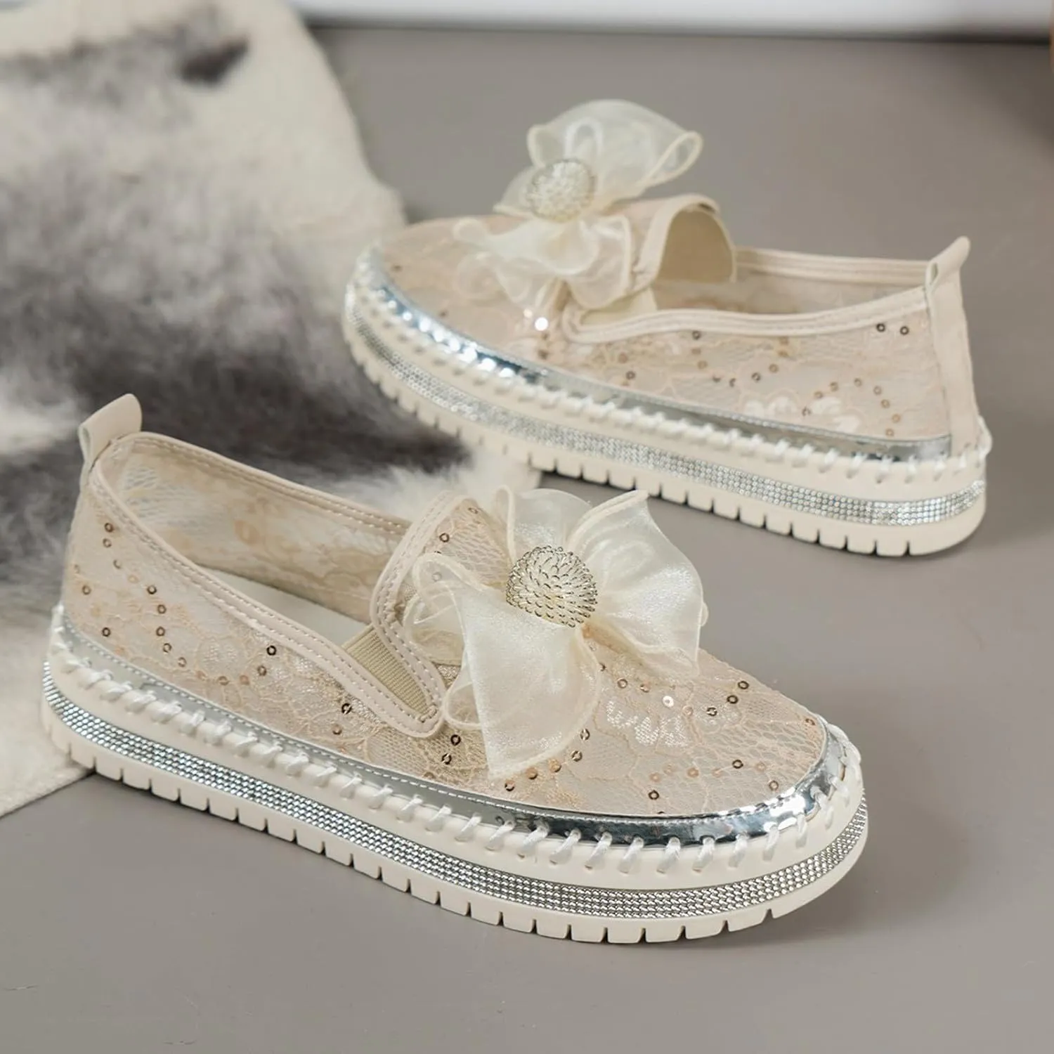 Crzidha Dressy Rhinestones Loafers for Women,Women's Glitter Bow Mesh Sheer Lace Sequins Platform Slip On Fashion Sneakers Breathable Non-Slip Stitching Flat Dress Shoes Low Top Casual Walking Shoes