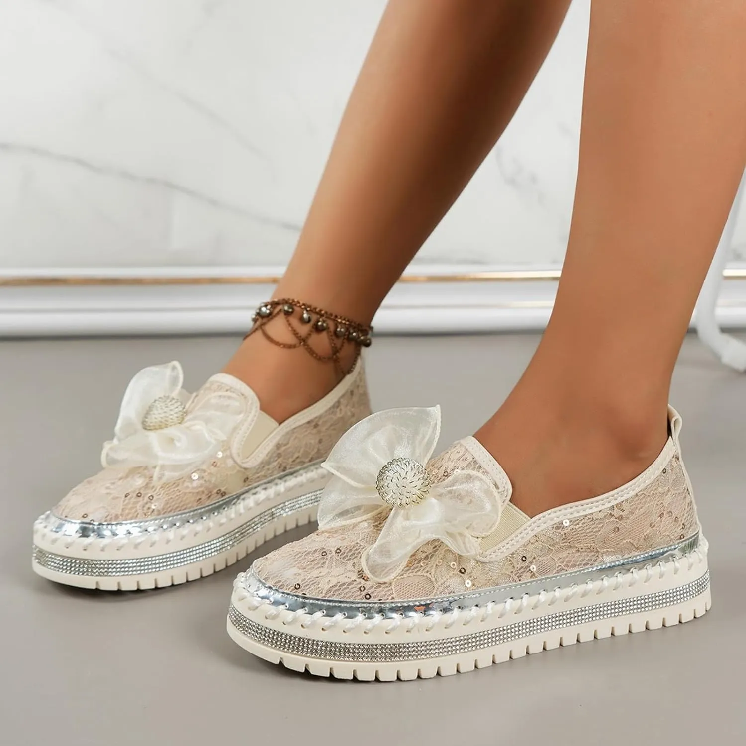 Crzidha Dressy Rhinestones Loafers for Women,Women's Glitter Bow Mesh Sheer Lace Sequins Platform Slip On Fashion Sneakers Breathable Non-Slip Stitching Flat Dress Shoes Low Top Casual Walking Shoes