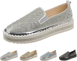 Crzidha Womens Rhinestone Loafers,Stylish Sparkly Rhinestone Platform Slip Ons Comfortable Round Toe Wide Width Low Top Slip On Casual Walk Shoes Fashion Fall Slouchy Party Shoes