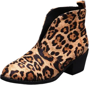 Ctreela Womens Dressy Cutout Slip On Ankle Boots Fashion 2023 Leopard/Snakeskin/Solid Low Stacked Heel Western Booties Shoes